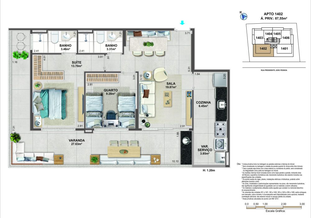 Planta Humanizada - Althea - 2Q c/ Varanda